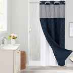 No Hooks Boho Navy Woven Fabric Shower Curtain 36 x 74 Modern Farmhouse, Tufted Chevron Striped Shabby Chic Textured, Minimalist Cloth Hookless Shower Curtains for Bathroom, Hotel Decor