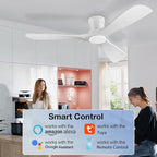 52in Smart Low Profile Ceiling Fans with Lights Remote,Quiet DC Motor,Outdoor Indoor Flush Mount Ceiling Fan,Control with WIFI Alexa App,Dimmable,6-speed,3 White Wood blades,for Modern Bedroom Patio