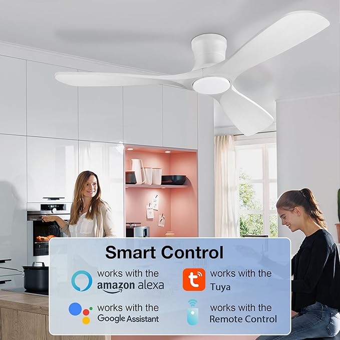 52in Smart Low Profile Ceiling Fans with Lights Remote,Quiet DC Motor,Outdoor Indoor Flush Mount Ceiling Fan,Control with WIFI Alexa App,Dimmable,6-speed,3 White Wood blades,for Modern Bedroom Patio