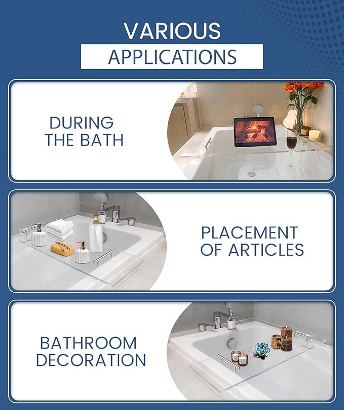 Acrylic Bathtub Tray Clear Bathtub Caddy Bath Tray Table for Tub Luxury Spa with Book and Wine Glass Holder Bathroom Accessories for Bathroom Decoration, Transparent 39.3inch