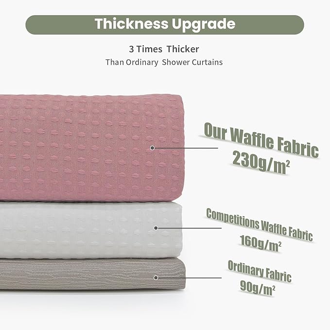 Inhousolu Fabric Shower Curtain Waffle Weave, 230 GSM Heavy Duty, Weighted Hem, 14 Metal Hooks, Water Repellent, Machine Washable, Hotel Spa Luxury Bath Curtain Set, 72 x 72 Inch, Pink