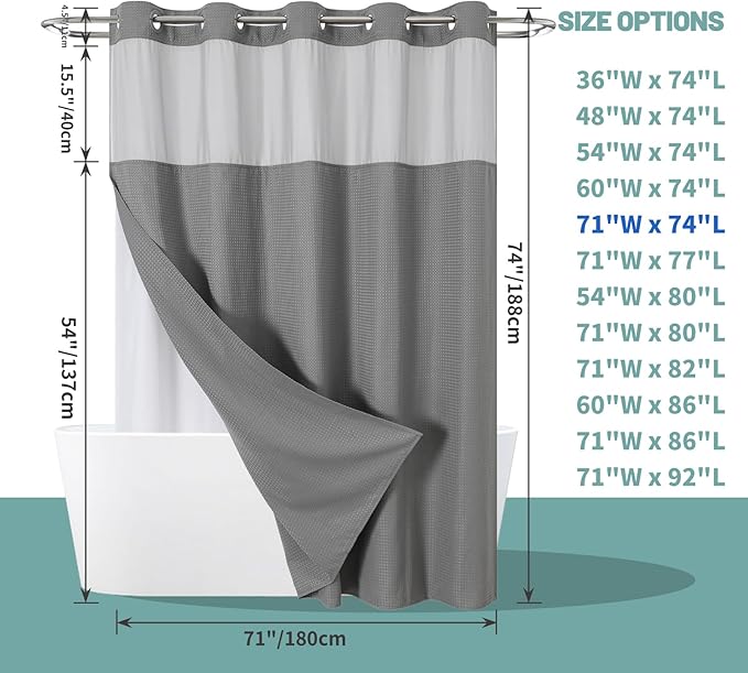 Grey No Hook Waffle Weave Shower Curtain with snap-in Liner Replacement, 230GSM Waterproof Fabric Hotel Shower Curtain Set for Bathroom, Through Mesh Top Window,71Wx74H