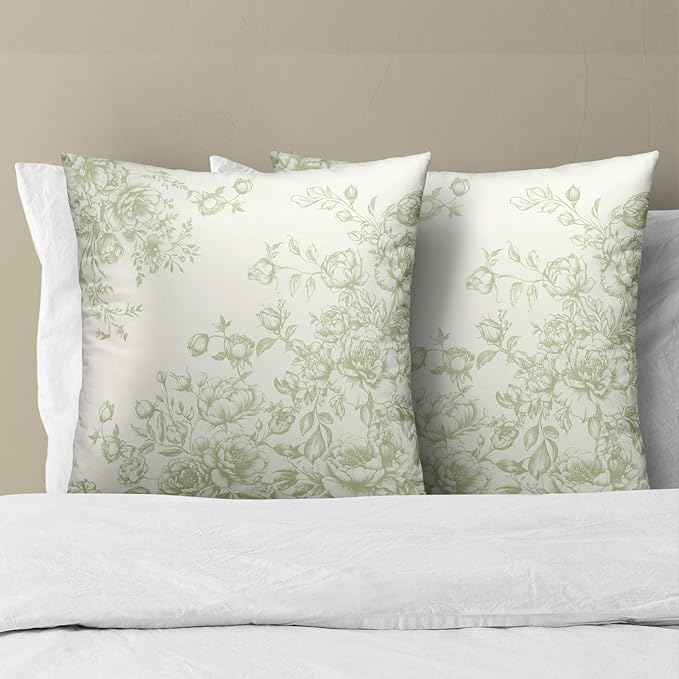 Vintage Flowers Throw Pillow Covers 22x22 Inch, 2 Pcs Light Green White Chinoiserie Floral Pillowcases Double-Sided Square Cushion Cover for Couch Sofa Bed Outdoor Home Decor