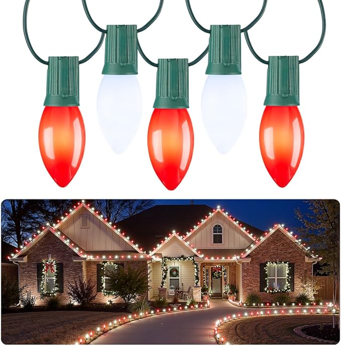 C9 LED Christmas Lights Outdoor, 50 FT 50 Red and Pure White Connectable C9 String Lights for Christmas Tree Patio Roofline Garden Backyard Holiday Party Indoor Outdoor Decoration, Green Wire