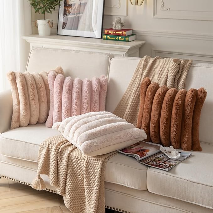 Faux Fur Plush Throw Pillow Covers 20x20 Inch Set of 2 - Luxury Decorative Fuzzy Striped Soft Cozy Pillowcase for Couch, Sofa, Living Room（Brown）