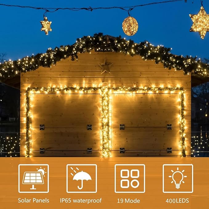 Solar Christmas Lights Outdoor, 137FT 400 LED Solar String Lights with Remote,19 Modes Waterproof Warm White Solar Fairy Lights Outdoor for Halloween Garden Home Festival Christmas Decorations