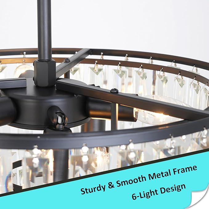 Black Crystal Chandelier Modern Round Dining Room Chandelier 4-Tier 6 Lights Dimmable Top K9 Luxury Ceiling Hanging Pendant Light Fixture for Dining Room Living Room Bedroom Foyer 18"