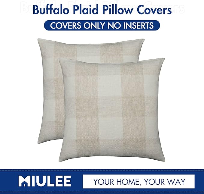 MIULEE Pack of 2 Farmhouse Buffalo Check Plaids Polyester Linen Soft Solid Cream White and White Decorative Throw Pillow Covers Home Decor Outdoor Cushion Case for Sofa Bedroom 26 x 26 Inch