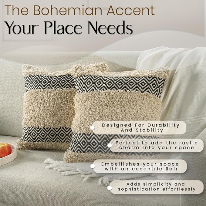 GRUHUM Throw Pillow Covers 18x18 -Set of 2 Boho Decorative Handwoven Cushion Case for Living Room Bedroom Sofa Couch Farmhouse Bench Car Home Decor Cotton Comfy Square Modern Pillow 18x18 inch,Cream
