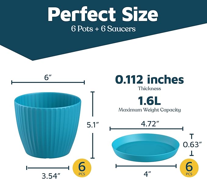 Blue 6-Inch Plant Pots with Drainage & Saucers 6 Pack, Indoor & Outdoor Planters for Houseplants, Herbs, and Flowers, Durable & Weatherproof Material, Stackable, Lightweight, Minimalist Design