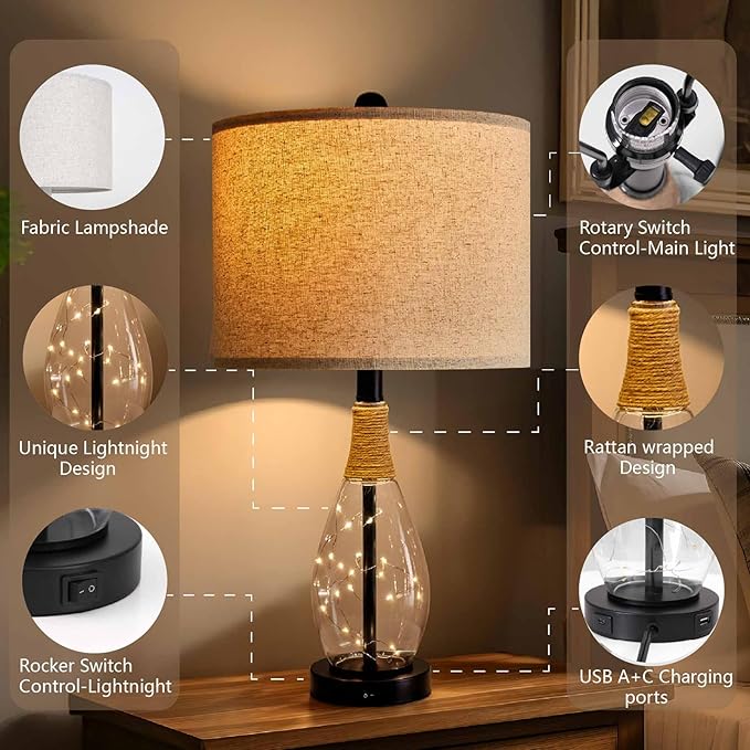 OYEARS 23" Farmhouse Table Lamps for Living Room – Set of 2 Boho Rattan Bedside Lamps with USB-C & USB-A Ports, Glass Nightlight, Dual Light Sources, Black