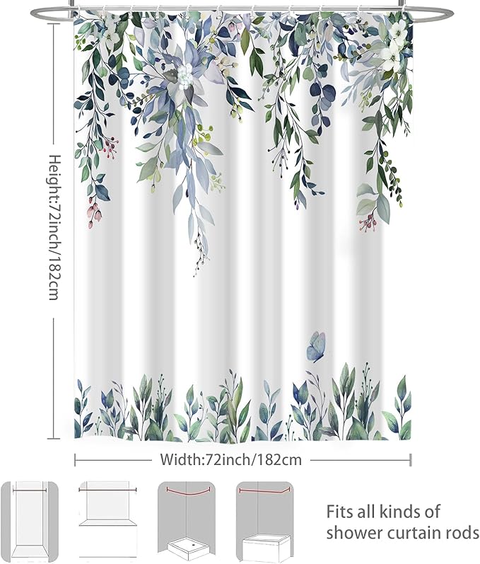 Eucalyptus Shower Curtain, Green Watercolor Leaves with Floral Botanical Bathroom Decor, Waterproof Fabric Bath Curtain Set with Hooks, 72x72 Inches