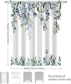 Eucalyptus Shower Curtain, Green Watercolor Leaves with Floral Botanical Bathroom Decor, Waterproof Fabric Bath Curtain Set with Hooks, 72x72 Inches