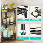 HapiRm Standing Corner Shower Caddy - 3 Tier Shower Organizer Corner with Soap Holder and 4 Hooks, Rustproof Bathroom Storage Shelves with Adhesives, Black