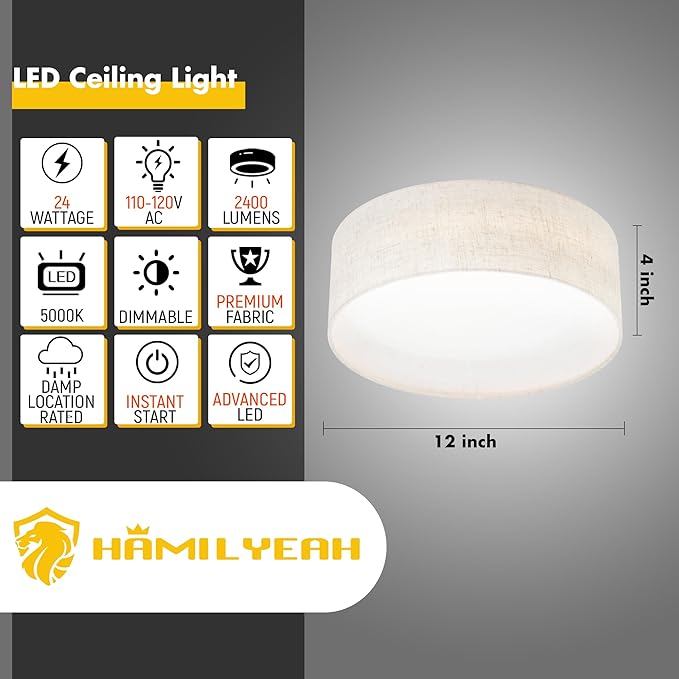 Hamilyeah LED Ceiling Light Flush Mount 24W, 12 inch Drum Ceiling Light Fixture 5000K, Dimmable Close to Ceiling Light with Beige Fabric Shade for Kitchen, Living Room, Bedroom, Bathroom, Entryway