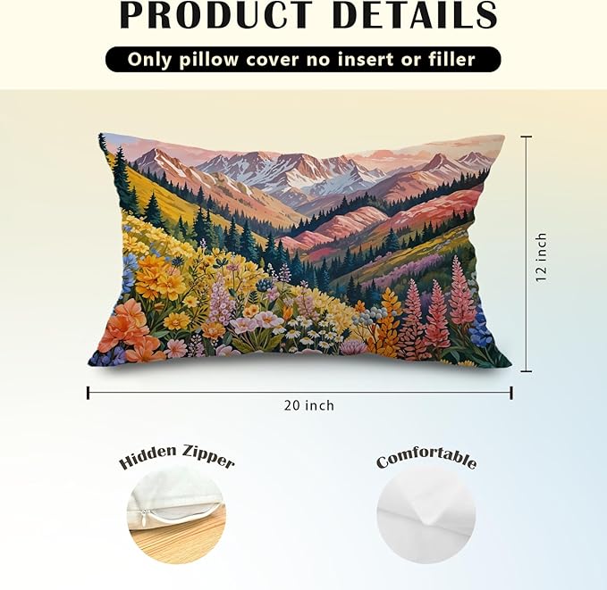 JINYO Boho Floral Mountain Pillow Covers 12x20 inch,Abstract Mountain Floral Pillow Cover Colorful Spring Wildflowers Decorative Pillow Covers for Home Bedroom Living Room Office Decor