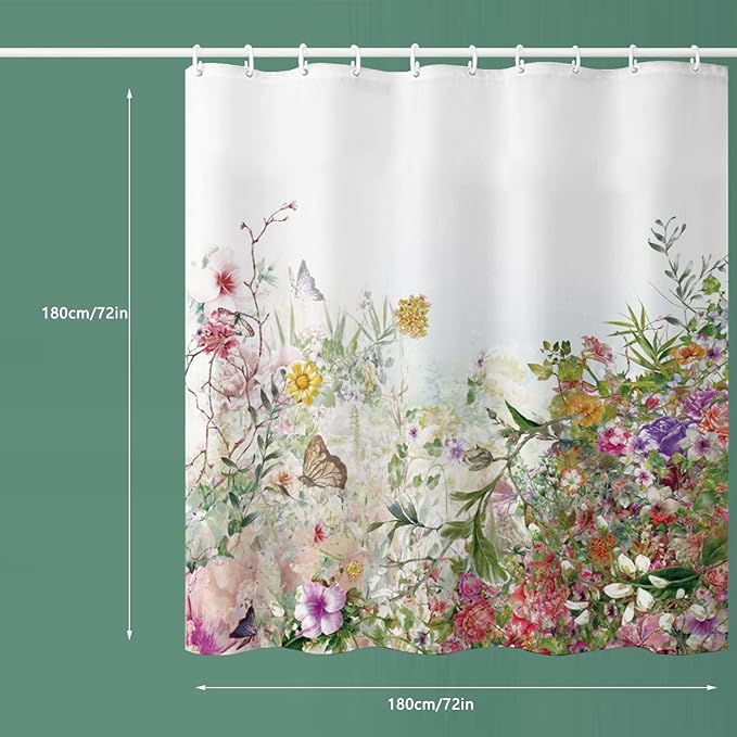 Shower Curtain, Fabric Colored Flowers Waterproof Shower Curtain - 72" W x 72" L with 12 Hooks