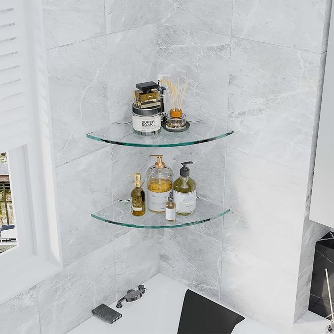 2 Sets Glass Shower Shelves - Corner Shower Shelf Organizer for Soap & Shampoo, Adhesive Bathroom Shelf, No Drilling