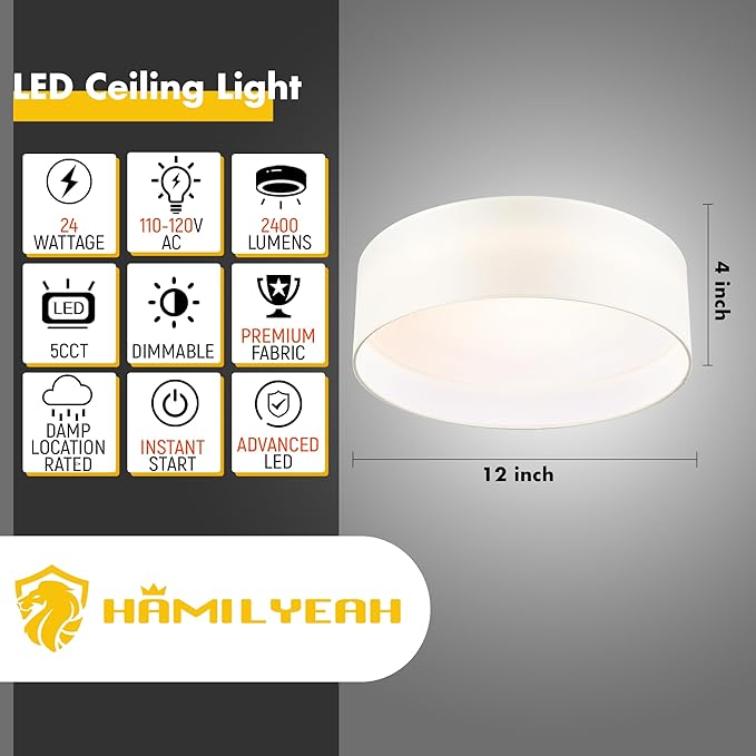 Hamilyeah LED Ceiling Light Flush Mount 24W, White Fabric Flush Mount 12 inch, Traditional Modern Light Fixture Ceiling Mount 5CCT, Simple Ceiling Lighting Fixture, Bedroom, Living Room