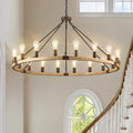 Farmhouse Wagon Wheel Chandelier 47" Wooden Rustic Light Fixtures 18-Light Wood Round Chandelier for Foyer Living Room Entryway Dining Room