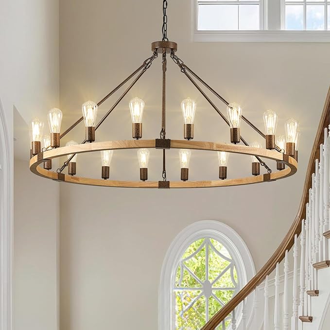 Farmhouse Wagon Wheel Chandelier 47" Wooden Rustic Light Fixtures 18-Light Wood Round Chandelier for Foyer Living Room Entryway Dining Room