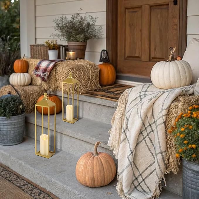22'' 19'' Large Lanterns Decorative Outdoor Indoor, Set of 2 Gold Metal Candle Lantern Modern Farmhouse Floor Lanterns Decorative for Mantle, Patio, Porch, Garden, Home Decor