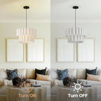 16 Inch Wavy Linen Chandelier Modern Pendant Light Fixture, Rustic Fabric Hanging Ceiling Lamp for Dining Room, Kitchen Island, Living Room, Foyer, Dimmable Lighting Over Table