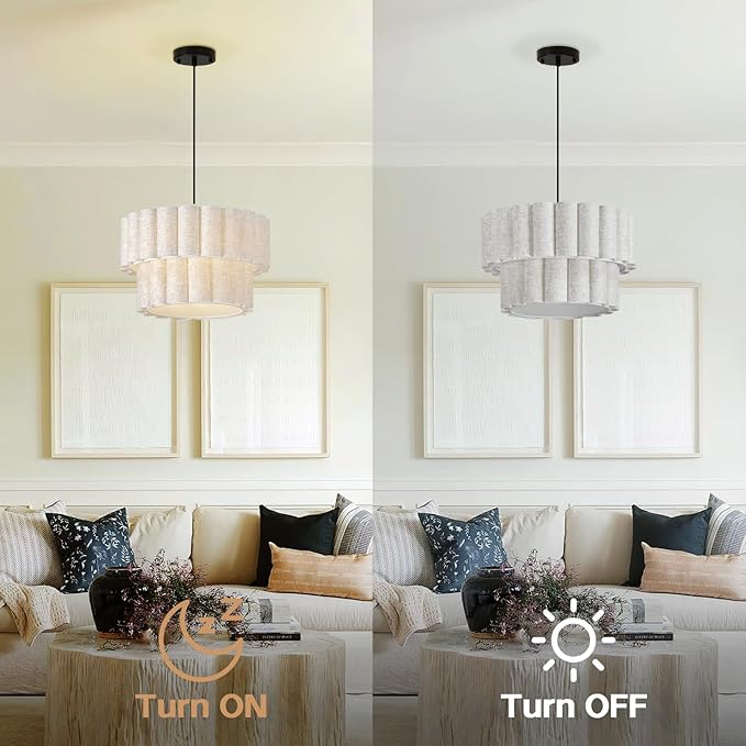 16 Inch Wavy Linen Chandelier Modern Pendant Light Fixture, Rustic Fabric Hanging Ceiling Lamp for Dining Room, Kitchen Island, Living Room, Foyer, Dimmable Lighting Over Table