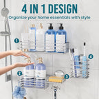 TAILI Shower Caddy Suction Cup, 3 Pack Shelves for Inside with Hooks & Soap holder Toothbrush Cups, Removable Bathroom Organizer, Rustproof Silver Holder Storage-Silver