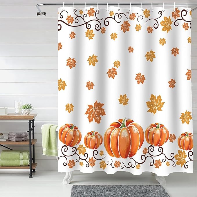 Vandarllin Fall Maple Leaves Shower Curtain, Thanksgiving Watercolor Pumpkins Shower Curtains Set with Hooks, Orange Waterproof Fabric Bathroom Decor Home Accessories,72 X 72 Inch Long