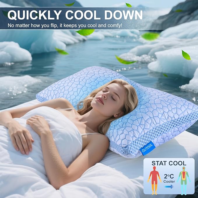 QUTOOL Double Sided Cooling Pillow for Hot Sleepers, Shredded Memory Foam Pillows Standard Size Set of 2, Adjustable Soft & Firm Gel Bed Pillow for Side, Back, Stomach Sleepers