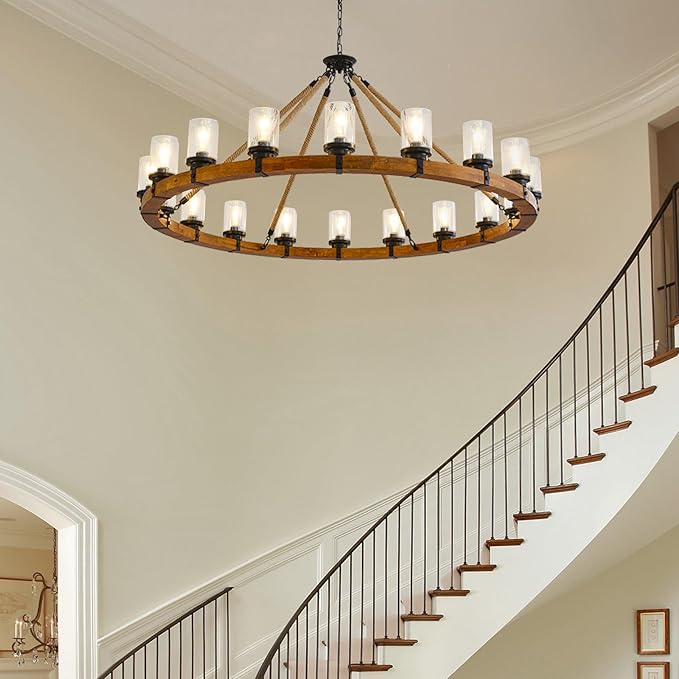 60-inch Rustic Wooden Chandelier with Bubble Glass Shade, 18-Light Modern Farmhouse Wagon Wheel Light for Dining Room Kitchen Island Entryway