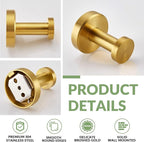 APLusee Brushed Gold Bathroom Towel Hooks 2 Pack, 304 Stainless Steel Robe Hooks for Kitchen Garage, Wall Mounted