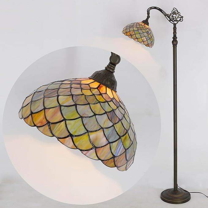 Tiffany Floor Lamp Stained Glass Fish Scales Style Arched Reading Light Gooseneck Adjustable Corner Standing Lamp 12X16X66 Inch for Bedroom Living Room Home Office