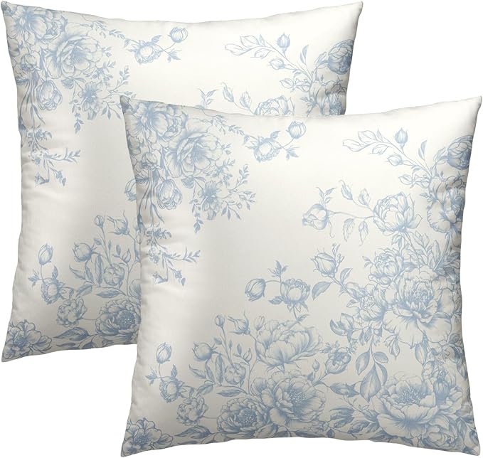 Blue Chinoiserie Throw Pillow Covers 22x22 Inch Set of 2, Vintage Cottage Floral Decorative Square Cushion Cover Pillowcases for Home Couch Sofa Bed Farmhouse Decoration