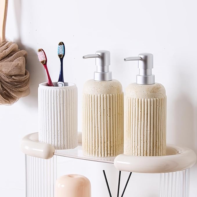 2Pcs Beige Natural Travertine Textures Hand Soap Dispenser Set, Small Bathroom Countertop Resin Liquid Soap Dispensers, Kitchen Dish Wash Soap Dispensers,Refillable Dispenser with Vertical Stripe