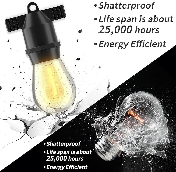 S14 LED 48FT Outdoor String Lights, IP65 Waterproof 48FT Outside Patio Lights, Edison Shatterproof Bulb Vintage Backyard Light, Balcony, Deck, Garden Light