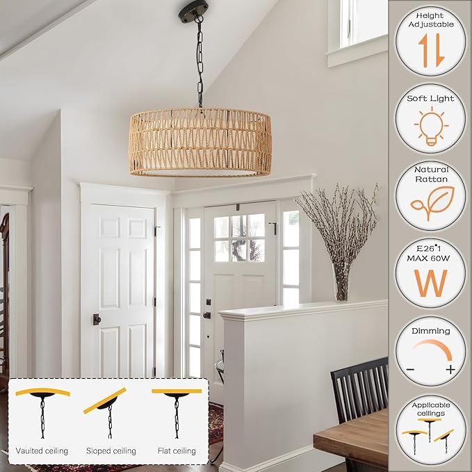 Farmhouse Rattan Chandelier Light Fixture, Boho Pendant Light Hand Woven Chandeliers for Dining Room with Fabric Shade, Large Wicker Coastal Pendant Light for Kitchen Bedroom Island Hallway