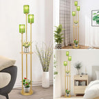HMVPL Gold Floor Lamp for Living Room, Vintage Floor Lamp with Wood Shelf, Mid Century Standing Lamp with Table, Modern Tall Lamp with Green Crystal Shade, On/Off Switch, Boho Corner Lamp for Bedroom