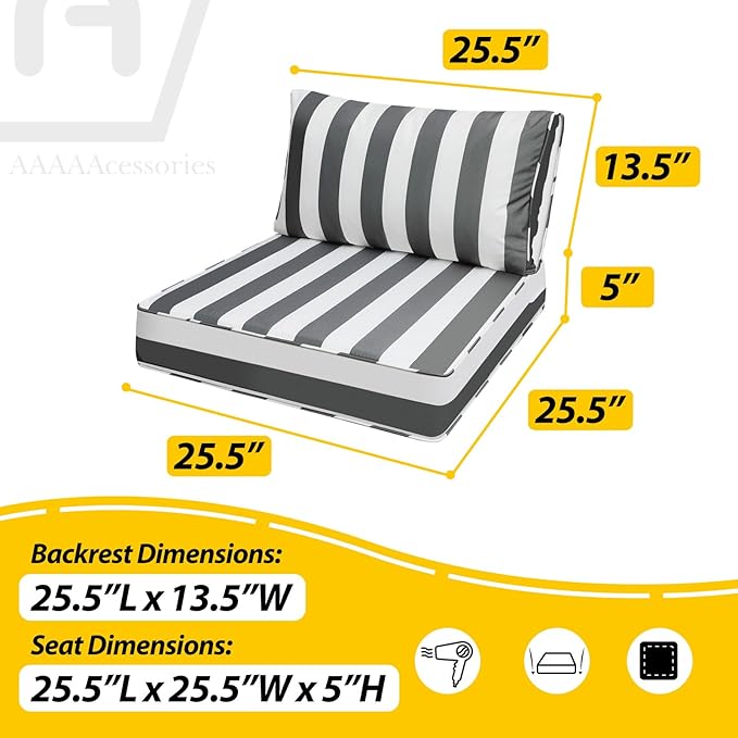AAAAAcessories Outdoor Deep Seat Cushions, Waterproof, Fade-Resistant Patio Furniture Replacement Cushions, 25.5" x 25.5" x 5" + 25.5" x 13.5", Gray Cabana Stripe