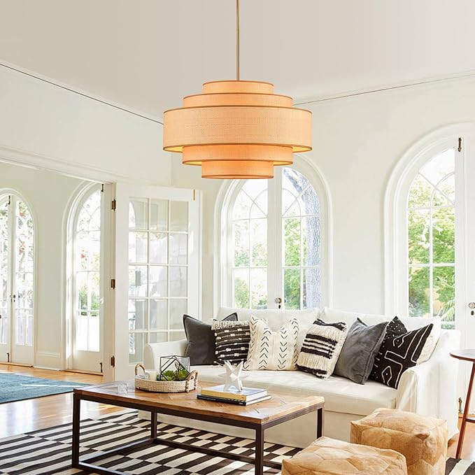 Farmhouse 26" Large Drum Rattan Chandelier 6-Lights Vintage Boho Rattan Chandelier Retro Vintage Bamboo Drum Chandeliers for Dining Room, Kitchen Island, Living Room, Bedroom