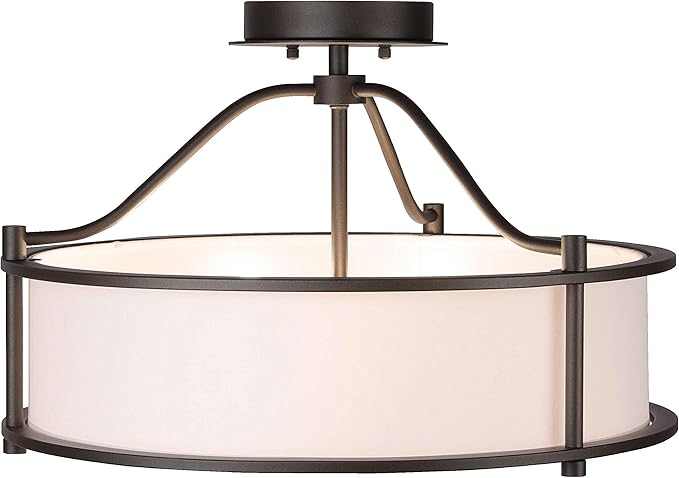 XiNBEi Lighting Semi Flush Mount Ceiling Light 18 Inch 3 Light Close to Ceiling Light with Fabric Shade and Frost Glass Diffuser in Dark Bronze Drum Semi Flush Light XB-SF1199-DB