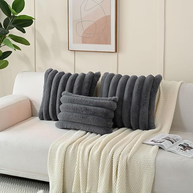 FUTEI Dark Grey Decorative Throw Pillow Covers 16x16 Inch Set of 2, Square Soft Faux Rabbit Fur Big Striped Cushion Cover,Home Decor for Couch Sofa Bed Living Room