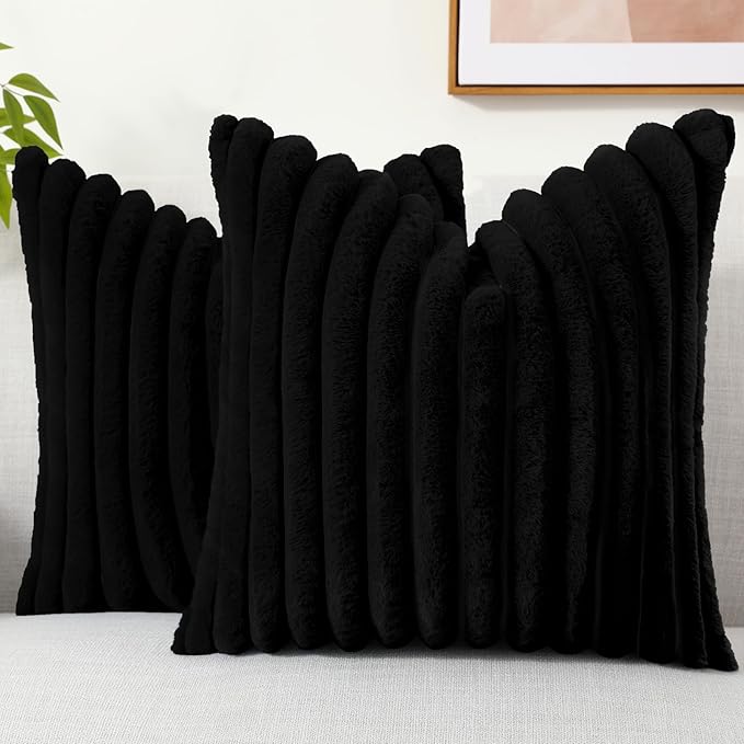 decorUhome Faux Fur Throw Pillow Covers 24x24 Set of 2, Decorative Soft Plush Striped Neutral Couch Euro Pillow Covers with Velvet Back for Sofa, Bed, Living Room Home Decor, Black