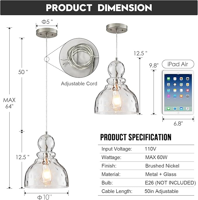 Brushed Nickel Pendant Light for Kitchen Island Hammered Glass Pendant Island Light 10inch Modern Glass Pendant Lights for Kitchen Sink Dining Room Hallway Entrance