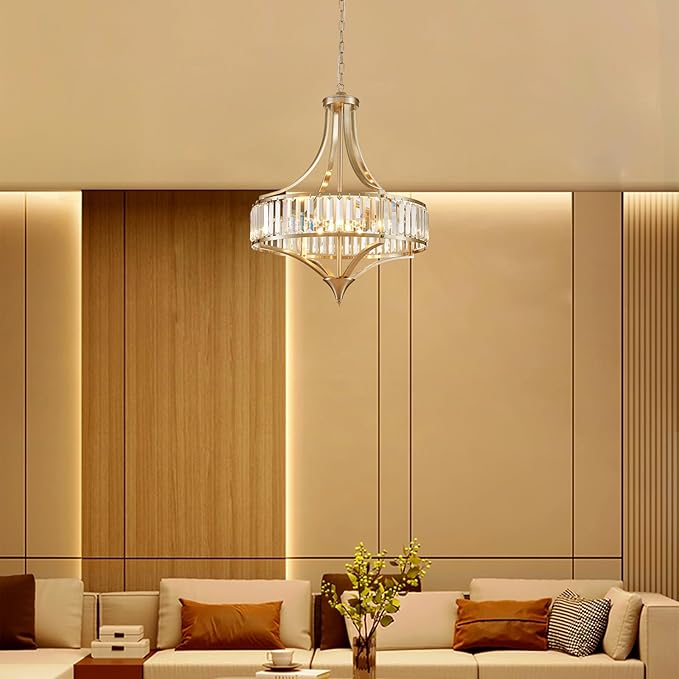 XINGQI Large Crystal Chandelier 21.6" Brushed Nickel Chandeliers for Dining Room, Rustic Farmhouse Pendant 6-Light with Round Metal Shade for Living Room Kitchen Bedroom Office