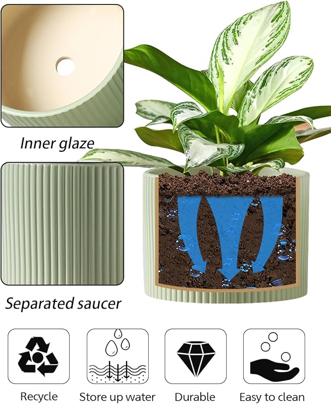 Ceramic Plant Pots, 8.1 + 6 Inch Planters for Indoor Plants, Modern Flower Pot for Plant with Drainage, Medium Cylinder Flower Pots for Indoor/Outdoor, House Plants, Matte Green