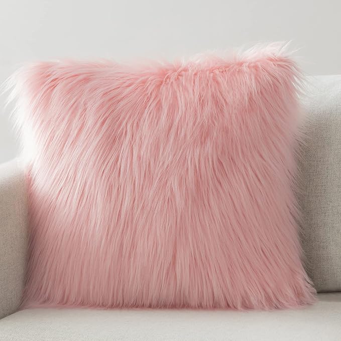 Phantoscope Faux Fur Solid Decorative Pillow Cover Fluffy Throw Pillow Mongolian Luxury Fuzzy Pillow Case Cushion Cover for Bedroom and Couch, Pink 20 x 20 Inches, Pack of 1