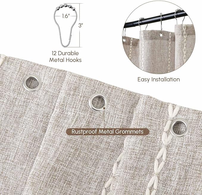 WELTRXE Boho Shower Curtain with Tassel Modern Farmhouse Shower Curtain Set, Rustic Bathroom Decor, Heavy Duty Fabric Water Repellent with Hook, Taupe, 72x72 Inches