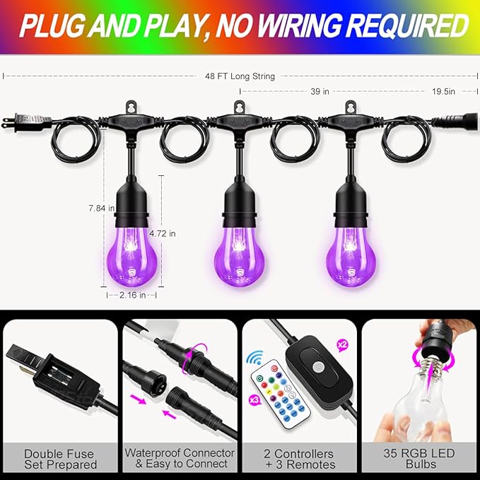 96FT Outdoor String Lights, 30 Shatterproof Edison Bulbs, Dimmable Color Changing RGB LED Patio Lights with 2 Remote Controllers. Perfect for Backyard Decorative Lighting